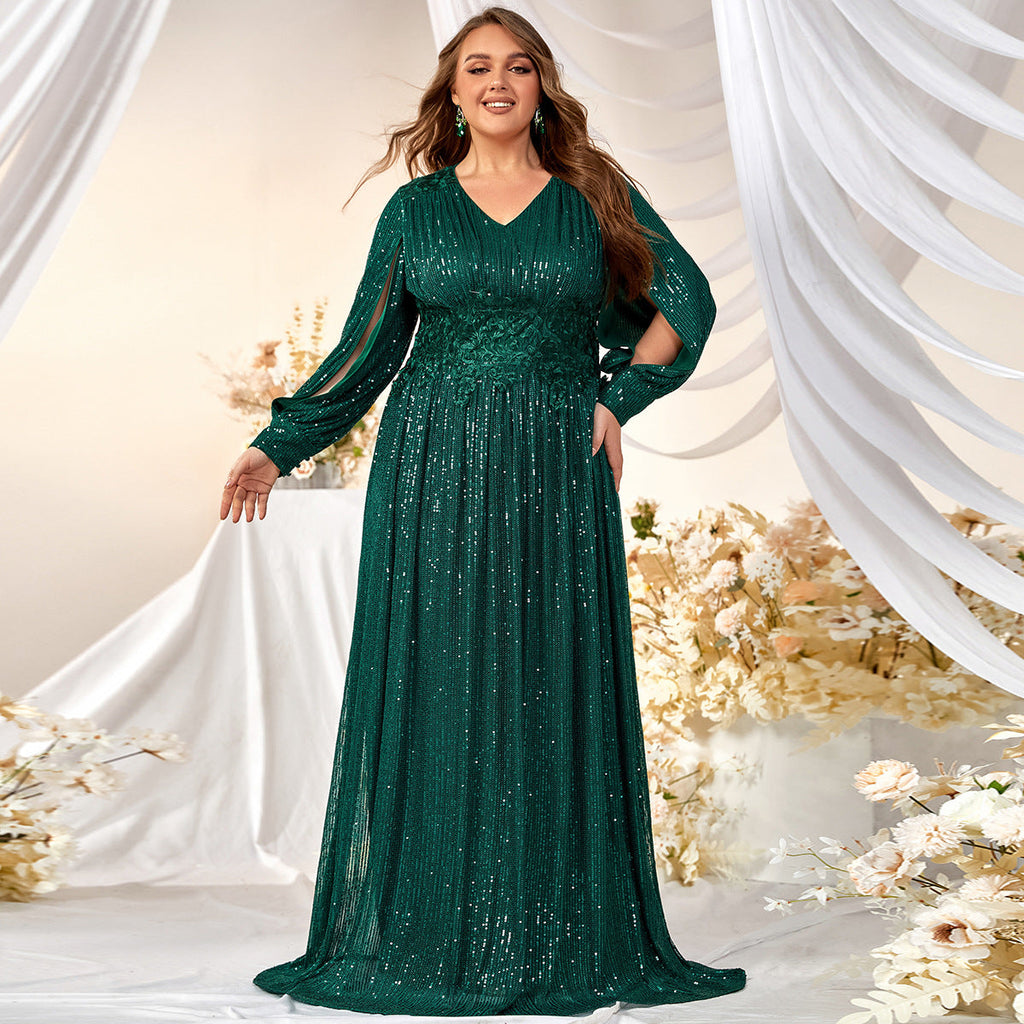 Plus Size Evening Dress Sequined V neck Split Long Sleeve Prom Evening Gown Mopping Dress