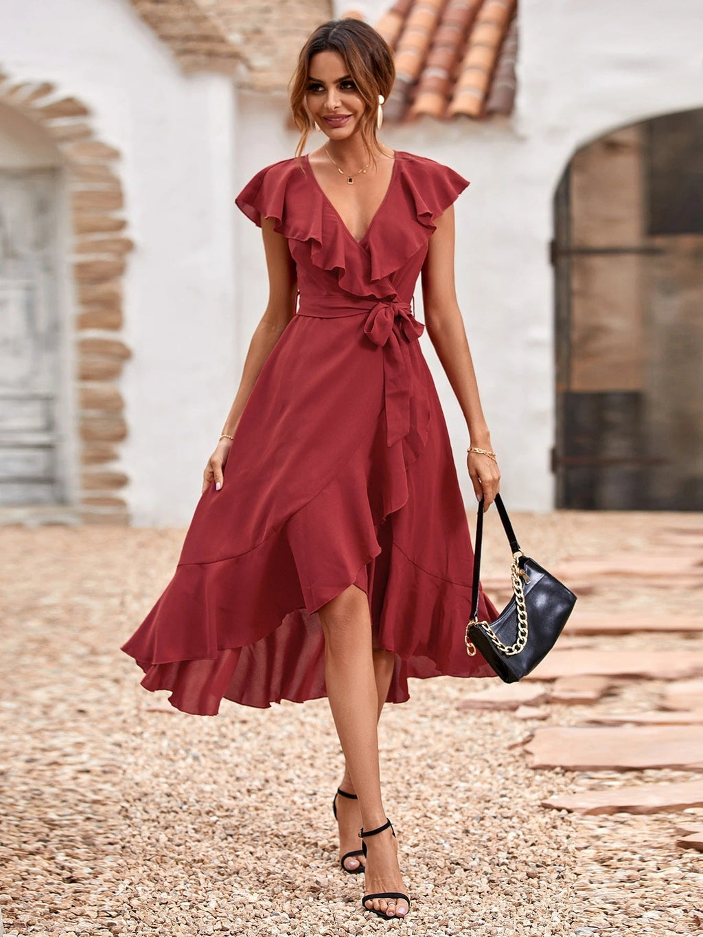 Red Carpet Ruffle Wrap High Low Maxi Dress Maroon FINAL