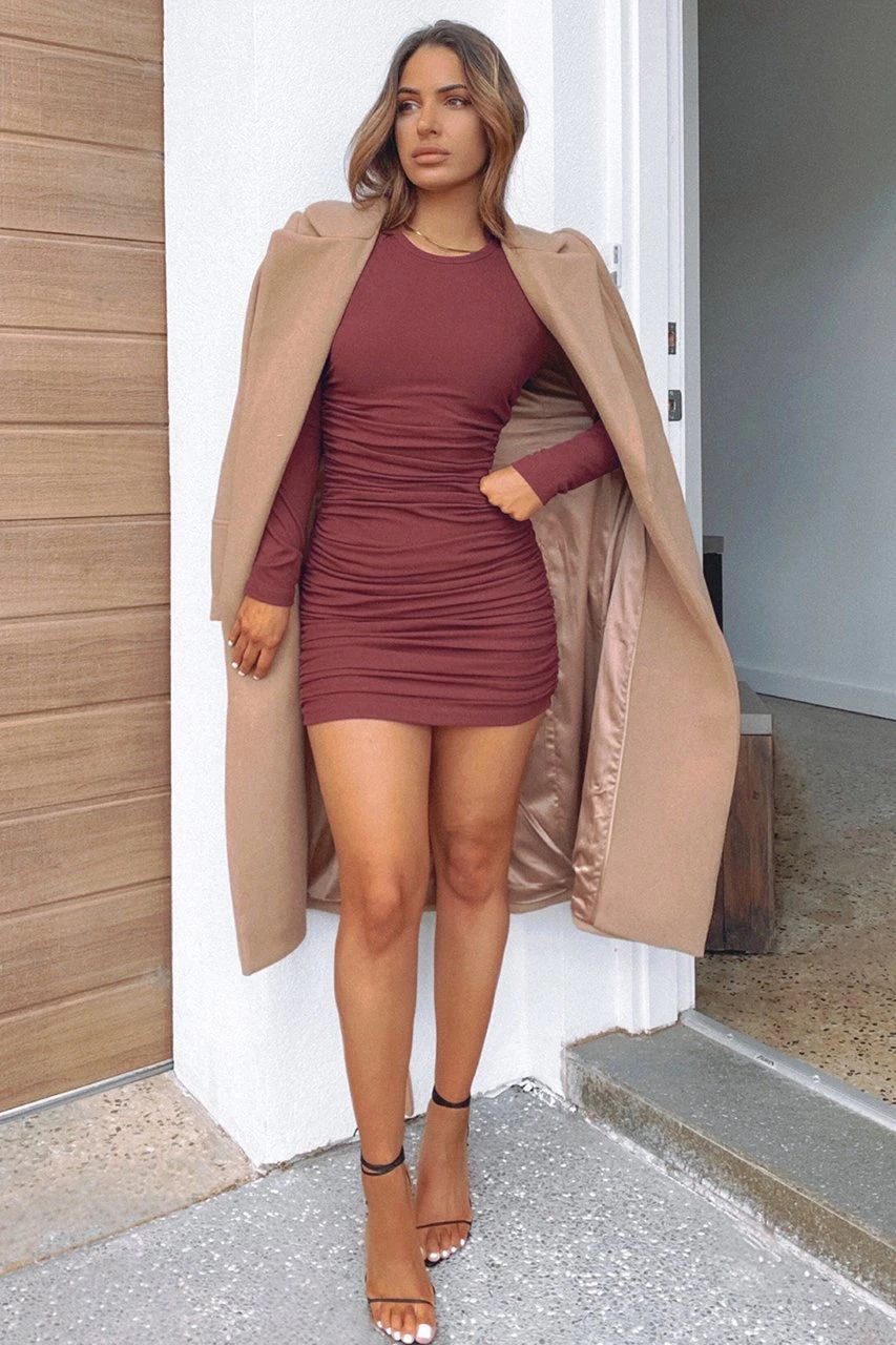 Yasmine Long Sleeve Ruched Knit Dress Wine