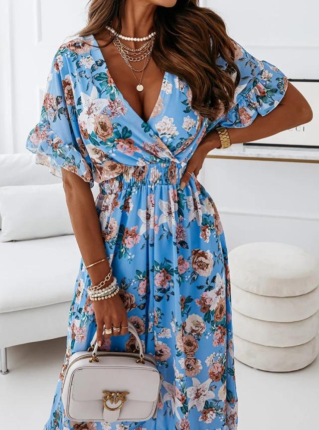 Bodey Floral Tiered Cutout Maxi Dress Light Blue