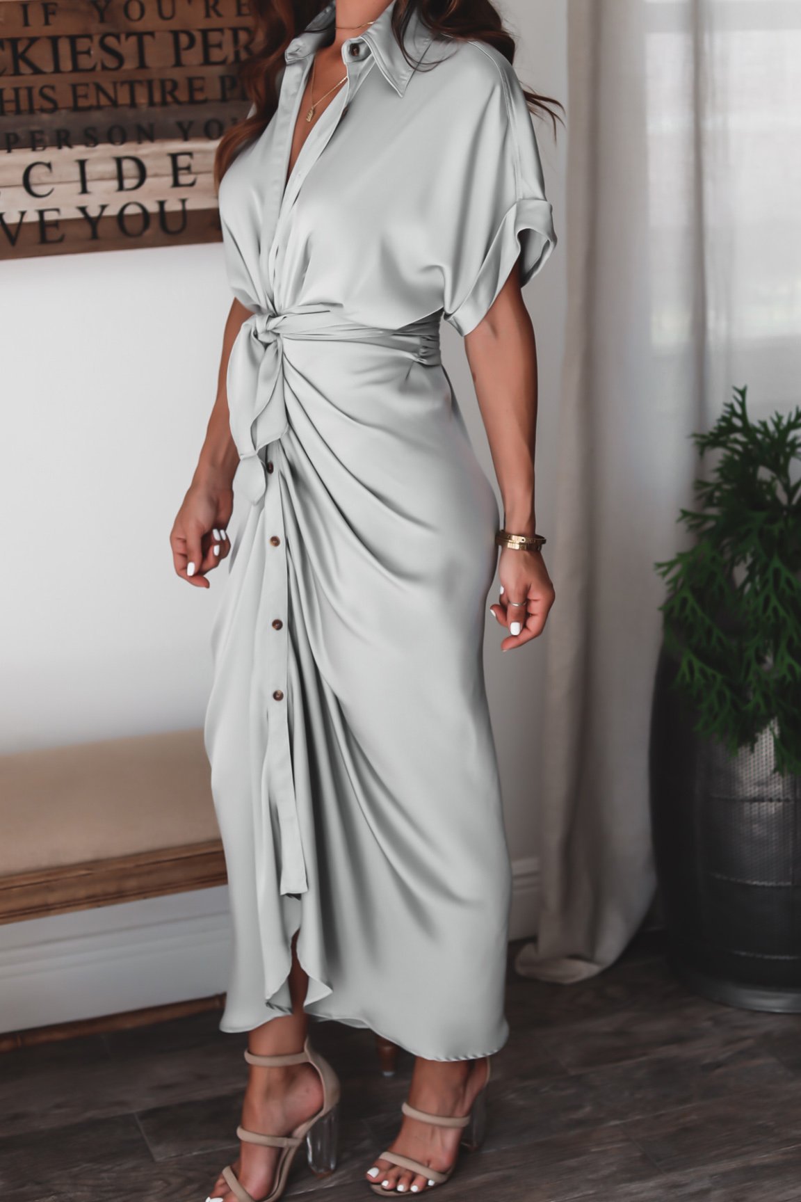 Luv Satin Tie Front Midi Shirt Dress Olive