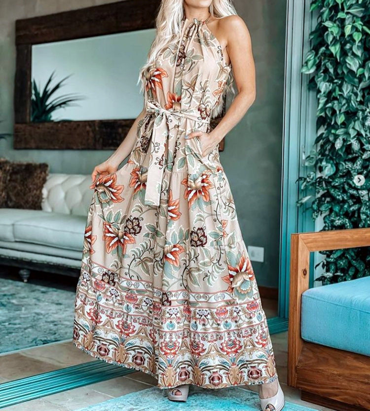 Hadley Pocketed Floral Tie Strap Midi Dress Mocha