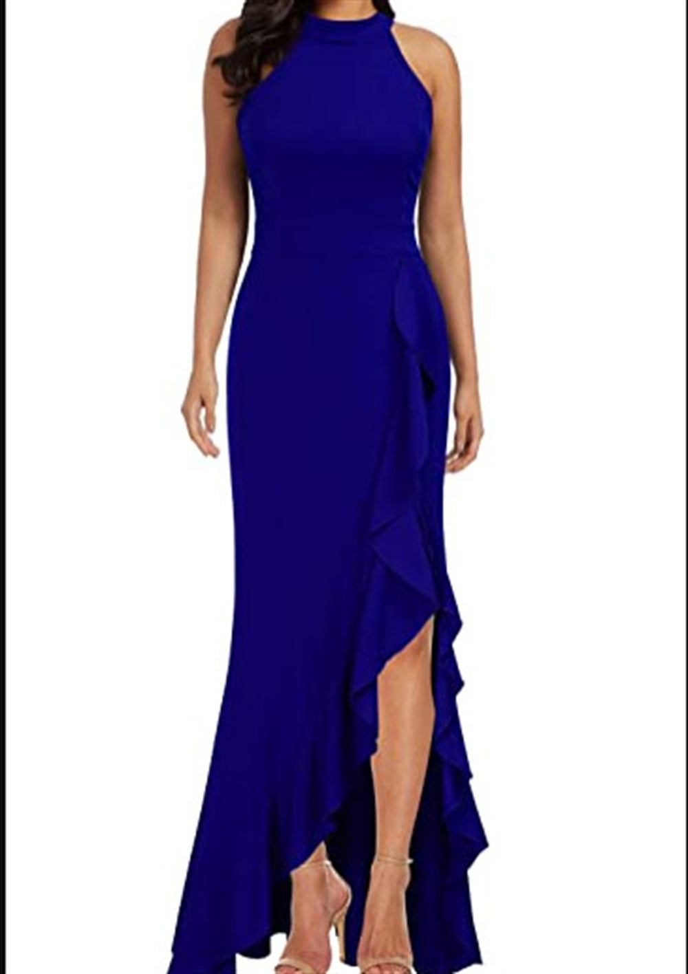 Sunlit Soiree Satin High Low Ruffle Maxi Dress Cobalt Blue FINAL