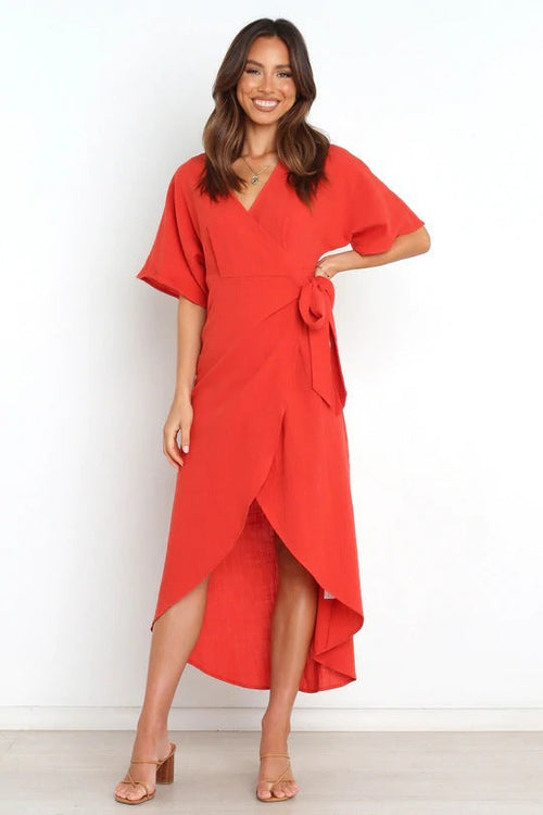 Bold Move Wrap Midi Dress Red