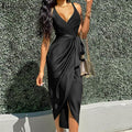 Dressy Satin Wrap Midi Dress Black