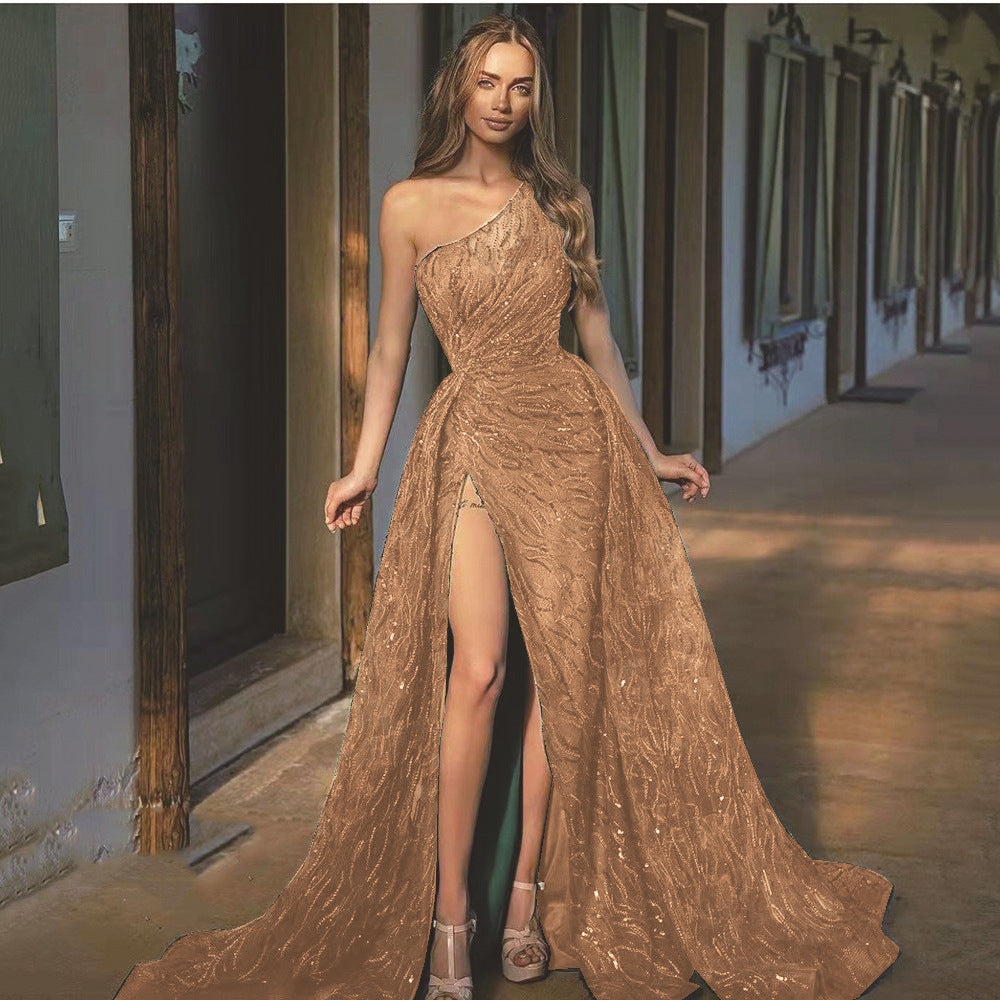 off Shoulder Split Maxi Dress Toast Dress Sequin Sling Evening Dress