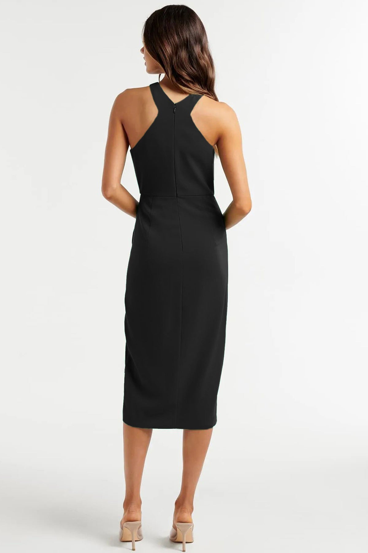 Havyn Satin Asymmetrical Halter Midi Dress Black