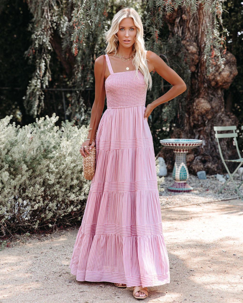 Sunshower Cotton Tiered Maxi Dress Dusty Rose