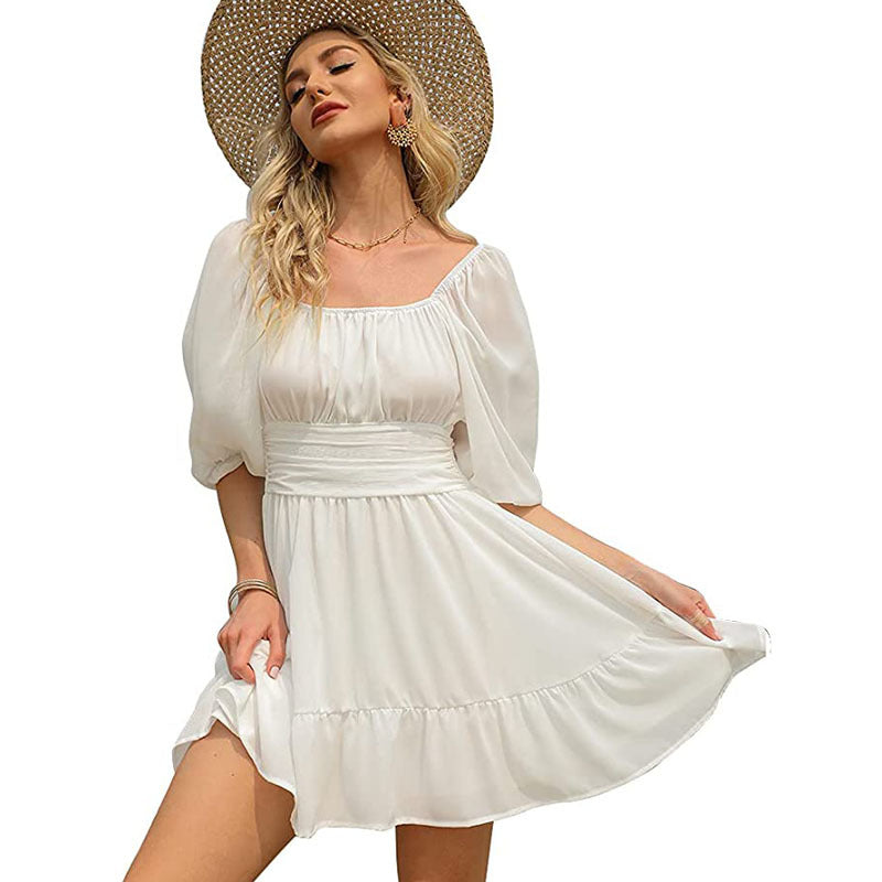Blythe Gathered Puff Sleeve Dress White