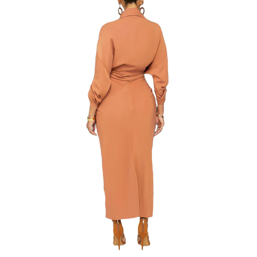 Essence Satin Tie Front Midi Shirt Dress Orange