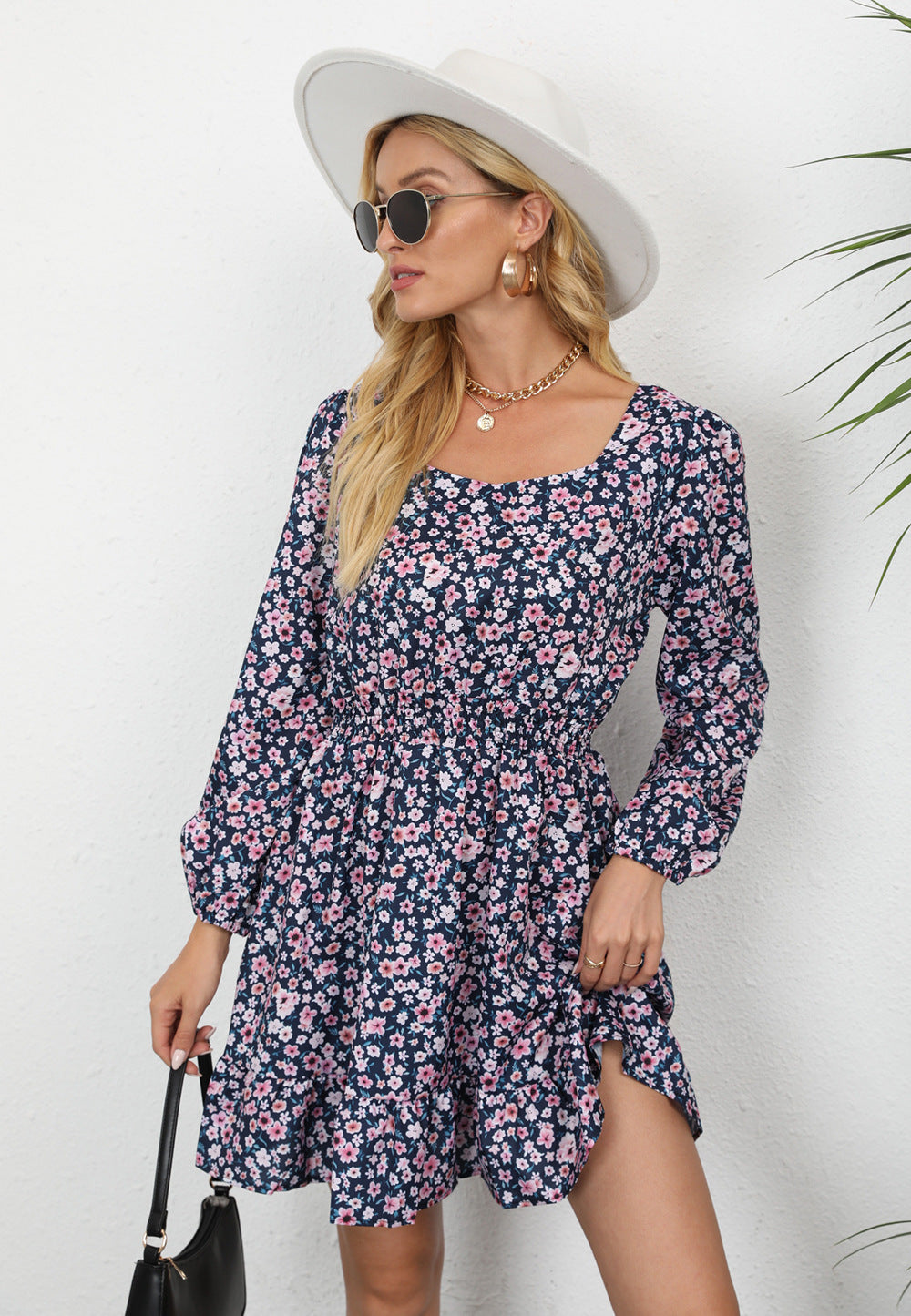 Emilia Printed Square Neck Mini Dress Navy Specks