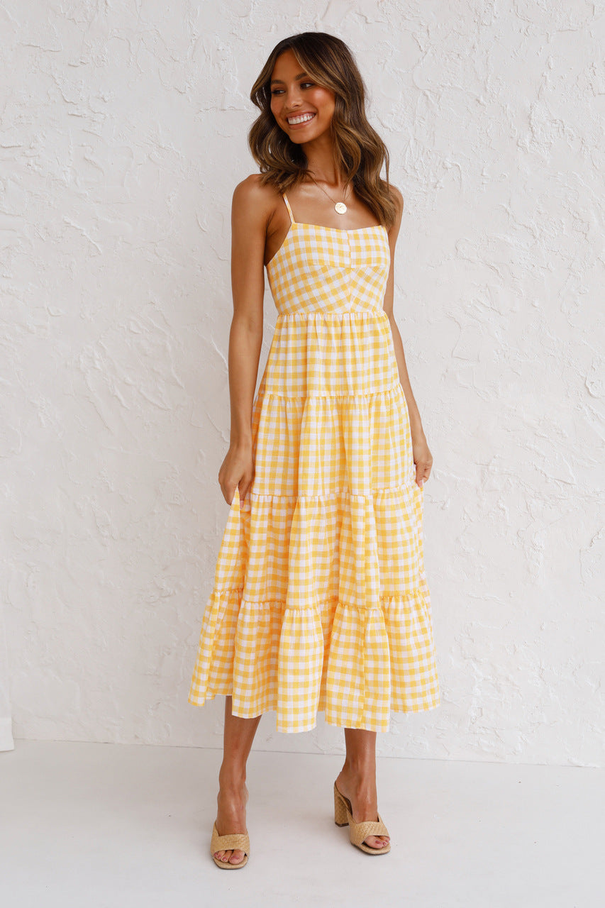 Kinslee Smocked Gingham High Low Maxi Dress Yellow