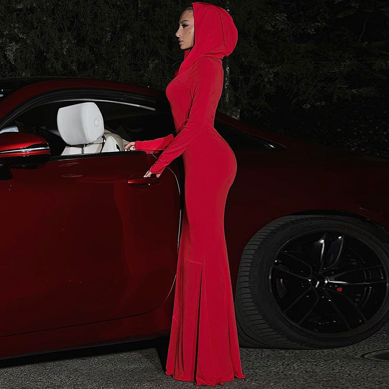 Solid Color Slim Fit Hood Long Sleeve Dress