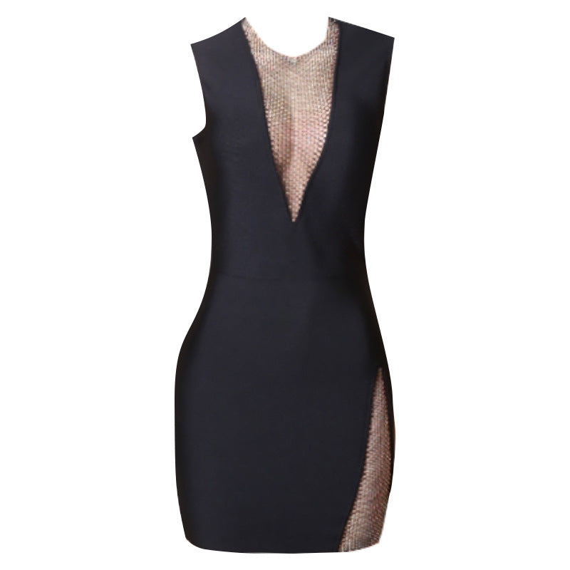 Nightclub Mesh Diamond Hollow Out Cutout Fishing Net Deep V Plunge Sleeveless Dress Flash Diamond Sheath Small Black Dress