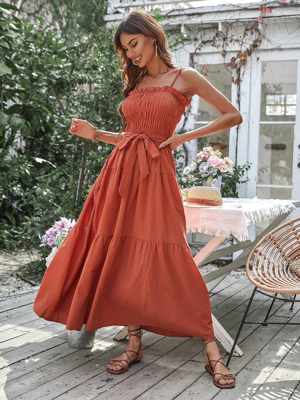 Free Falling Strapless Tiered Maxi Dress Papaya