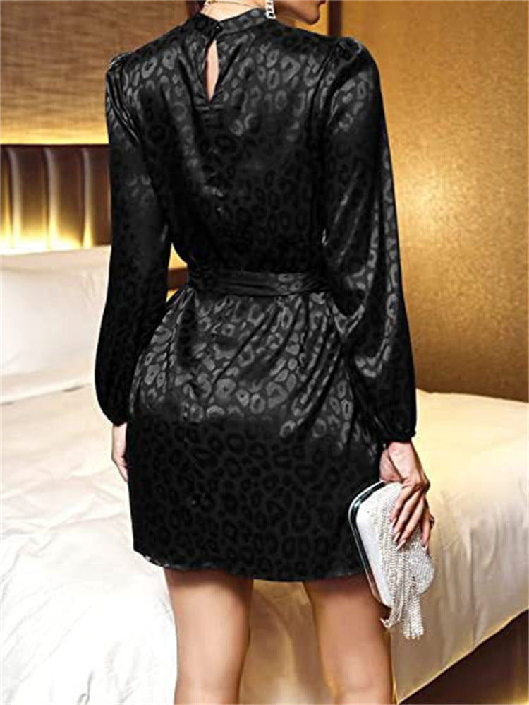 Vicky Satin Embossed Belted Shirt Dress Black