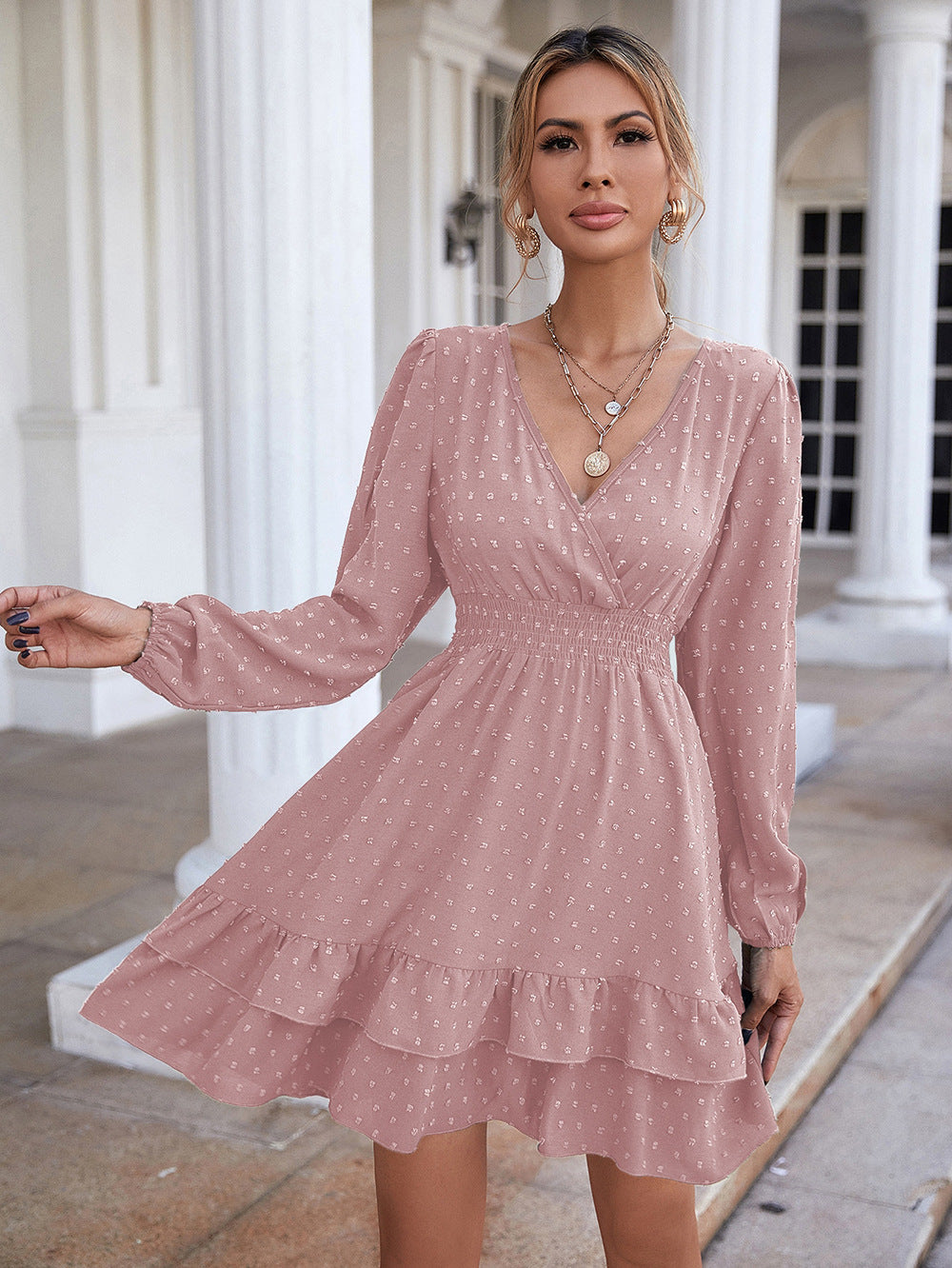 Use Your Imagination Smocked Metallic Tie Dress Latte