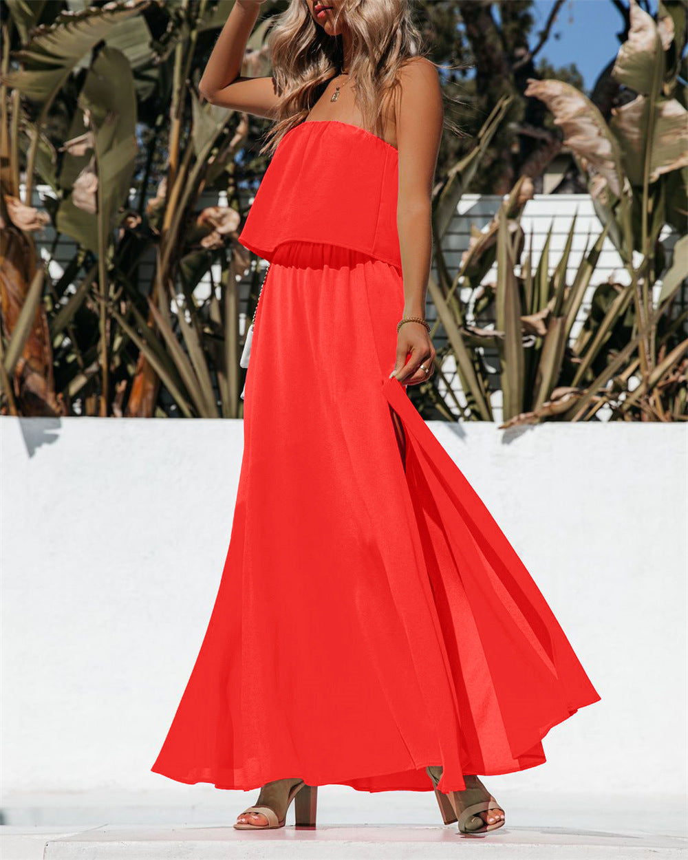 Vivid Strapless Slit Maxi Dress Bright Orange