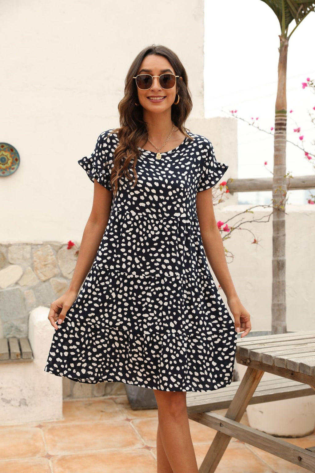 Brushstrokes Printed Asymmetrical Ruffle Dress