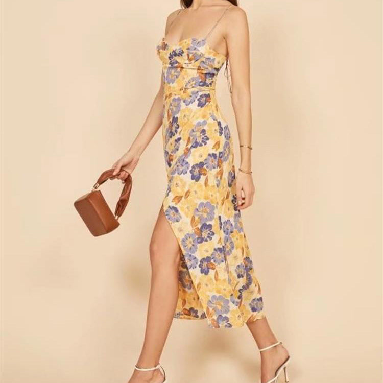 Fauve Floral Satin Cowl Neck Midi Dress Yellow