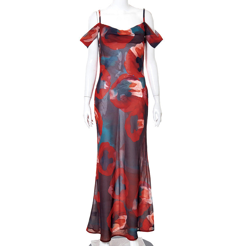 Printed Straps Sleeveless High Waist off Shoulder Elegant Dress for