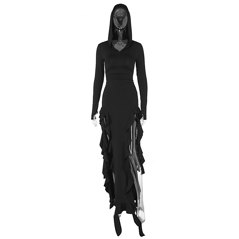 Popular Trend Ruffled Stitching Long Sleeve Hooded Irregular Asymmetric Dress