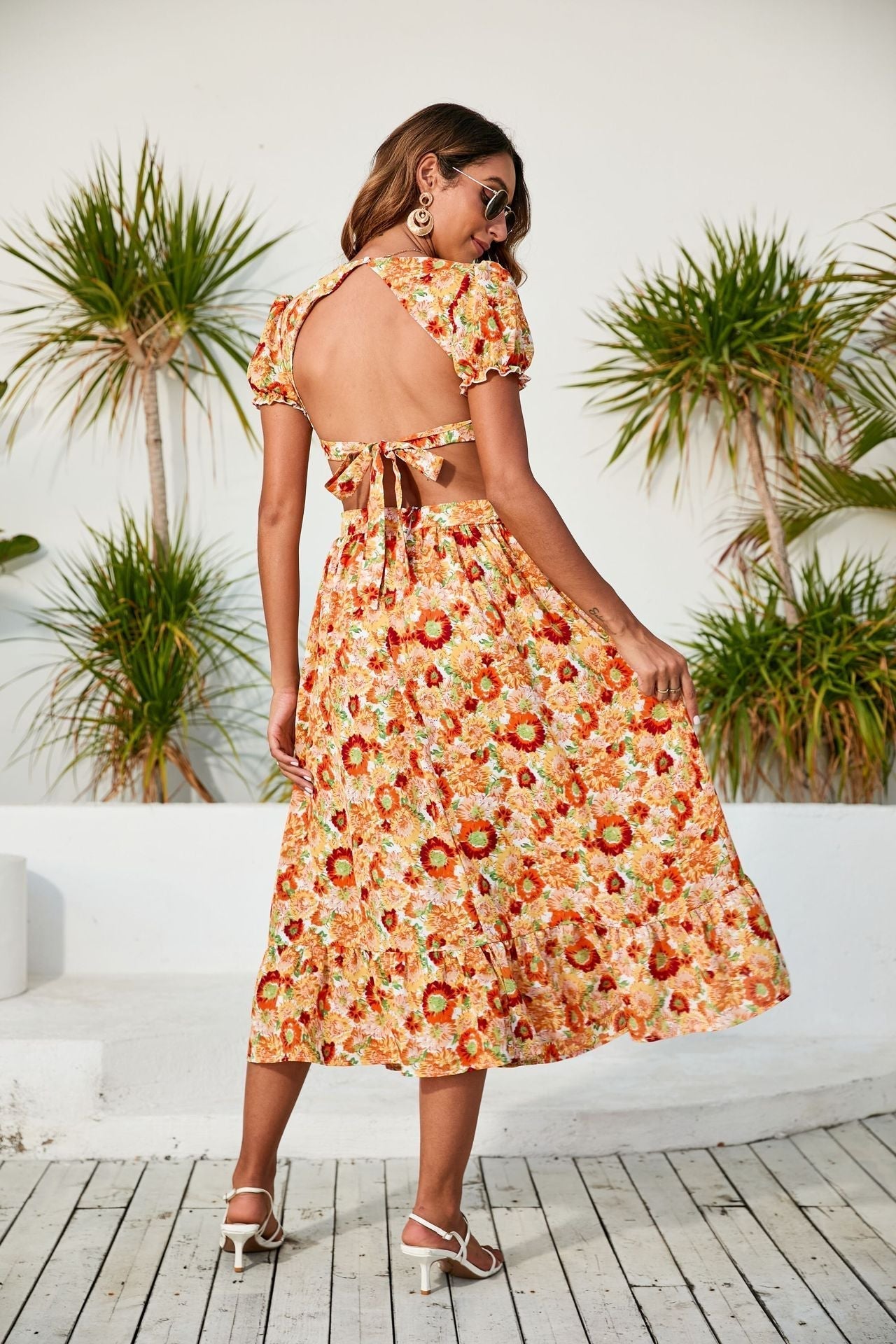 V Neck Printed Dress Backless Midi Dress
