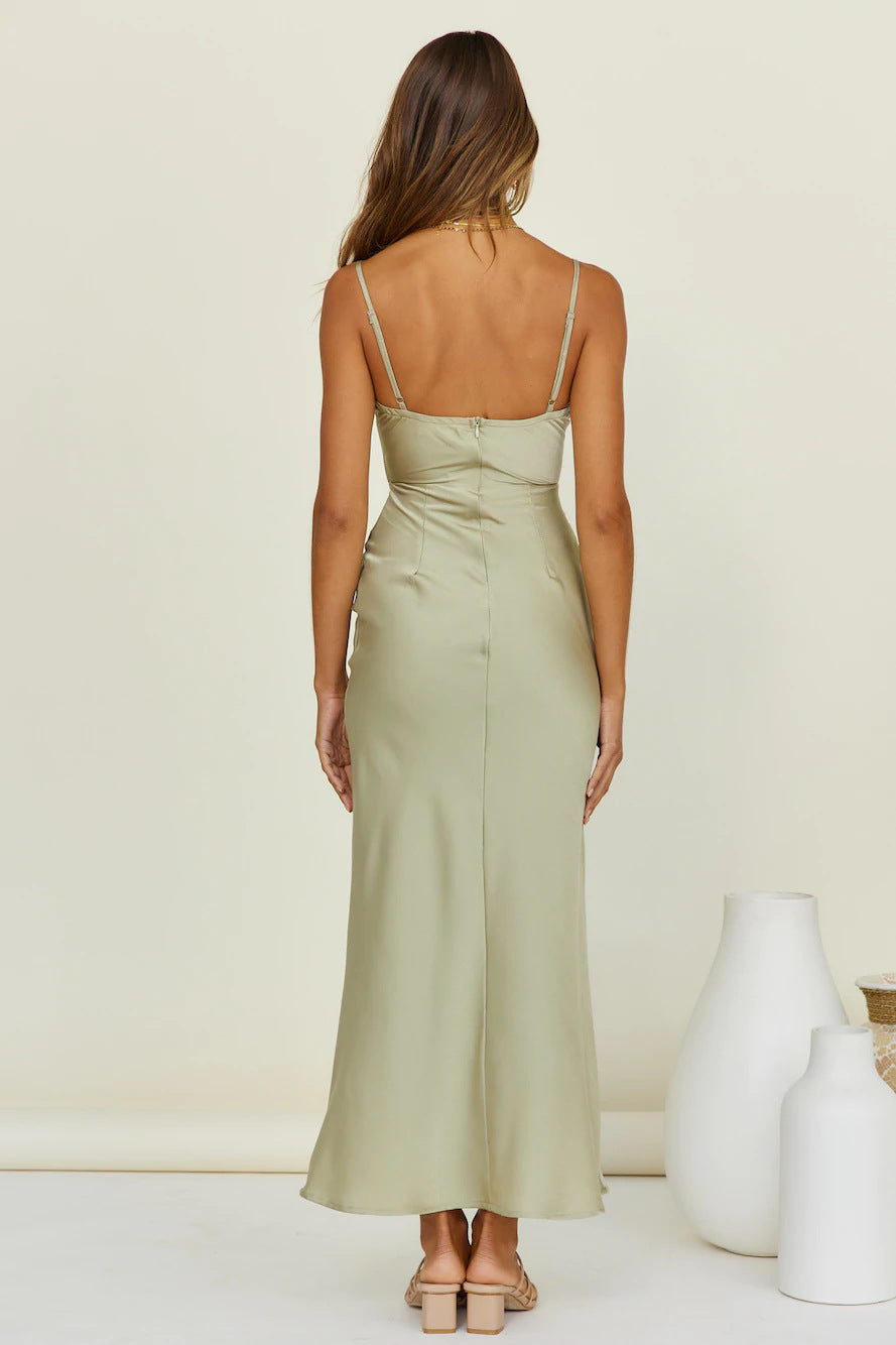 Kizzie Satin Cutout Maxi Dress Sage FINAL