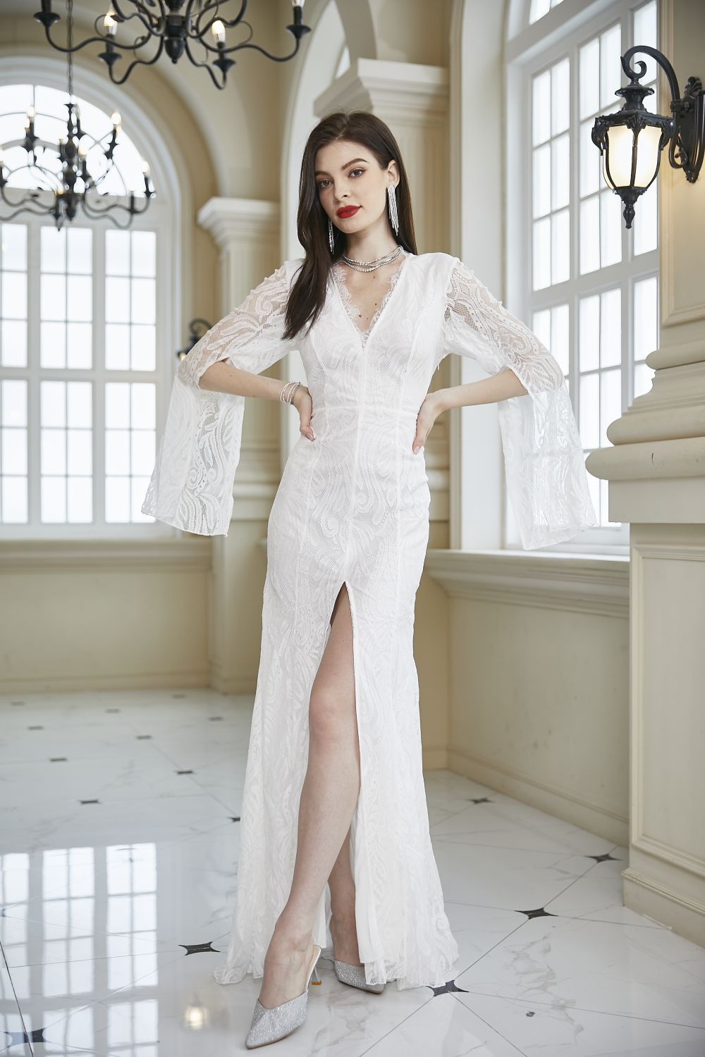 Women Clothing Lace Dress Wedding Bridesmaid Long Sleeve V neck Slim Hip Wine Red Dress
