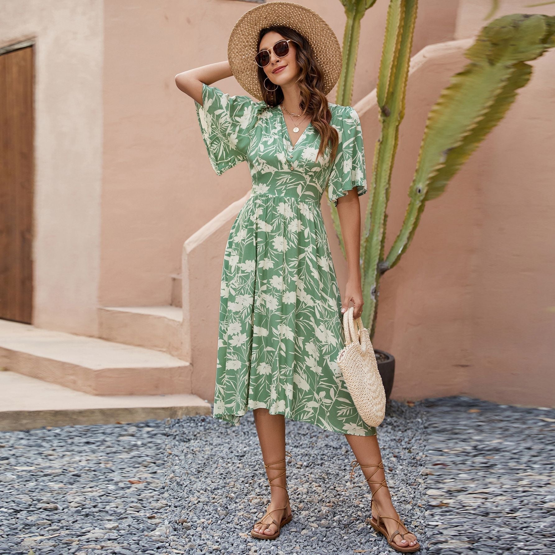 Printed V neck Short Sleeve Waist Controlled Dress Bohemian Holiday Party Beach Dress