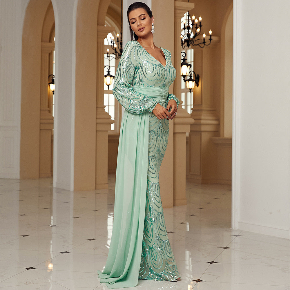 Long Sleeve Long Sequined V neck Cocktail Ribbon Evening Dress Bridesmaid