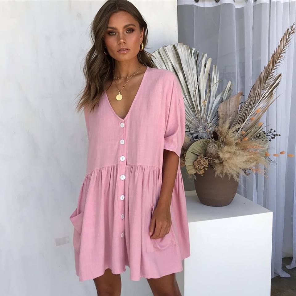 Palmer Pocketed Button Down Babydoll Dress Pink