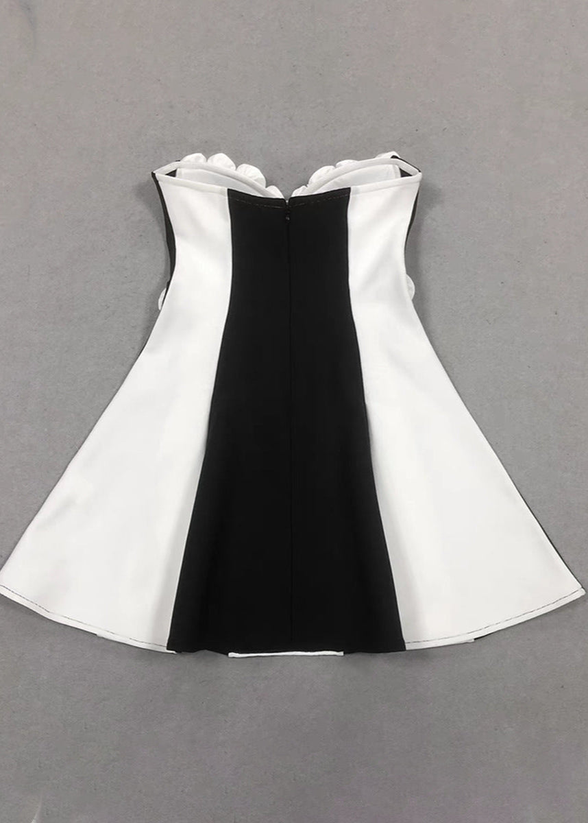Monet Strapless Rosette Mini Dress Black & White Sculpted Fit and Flare