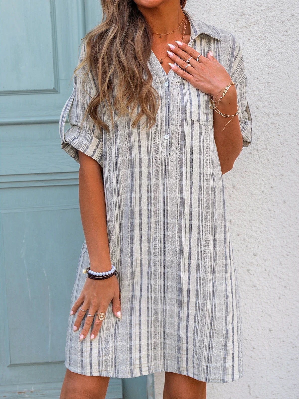 Hayden Linen Blend Striped Button Down Dress Off White Black