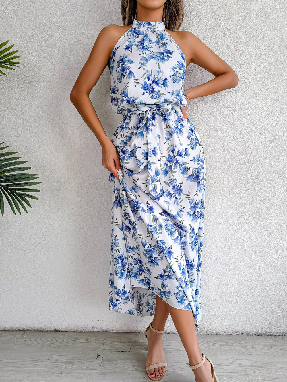 Sure Thing Floral Chiffon Halter Maxi Dress Blue FINAL