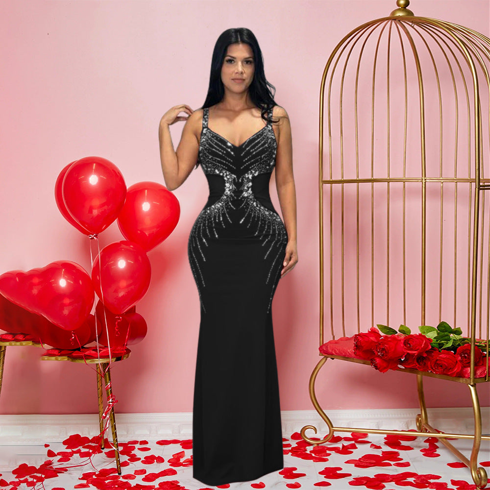V neck Brace Maxi Dress Slim Fit Rhinestone Sheath Dress