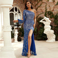One Sleeve Elegant Long Sequined Diagonal Collar Backless Cocktail Evening Dress Bridesmaid Dress for