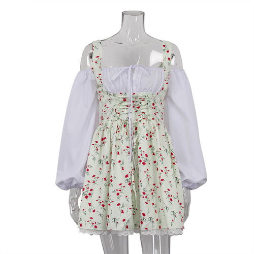 Bubble Sleeve Strap Tube Top Faux Two Piece French Dress Floral Cami Dress