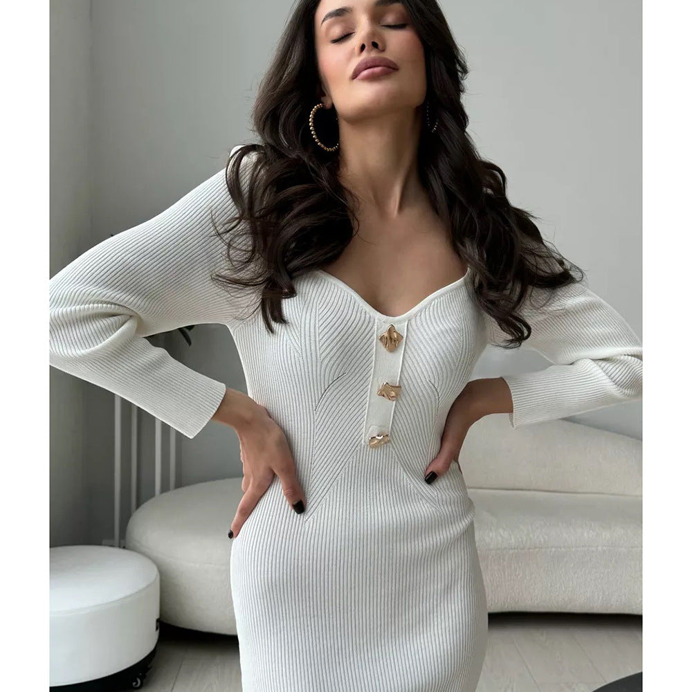 Knitted Dress Fall Slim Fit Slimming High Waist Long Sweater Hip Dress
