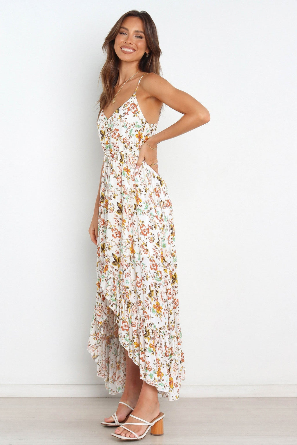 Bingham Satin Floral Ruffle Maxi Dress Cream