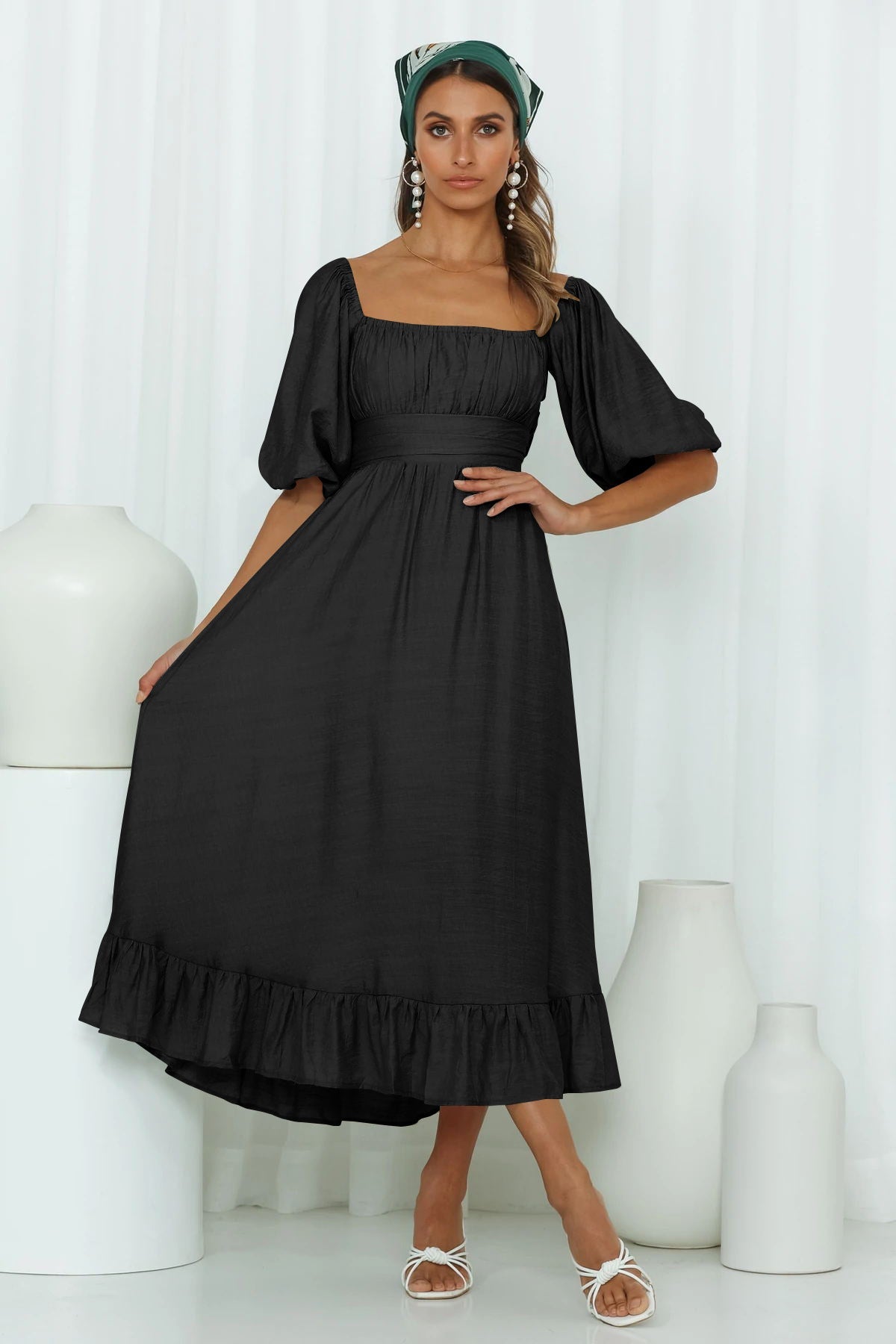 Samantha Puff Sleeve Midi Dress Black