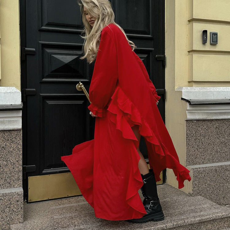 French Design Ruffled Long Sleeve Dress Red V neck Casual Dress