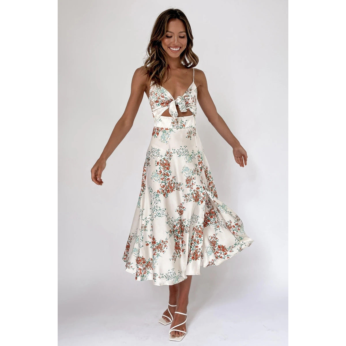 Sundress Small Maxi Floral Print Fresh Sweet Spaghetti Strap Dress