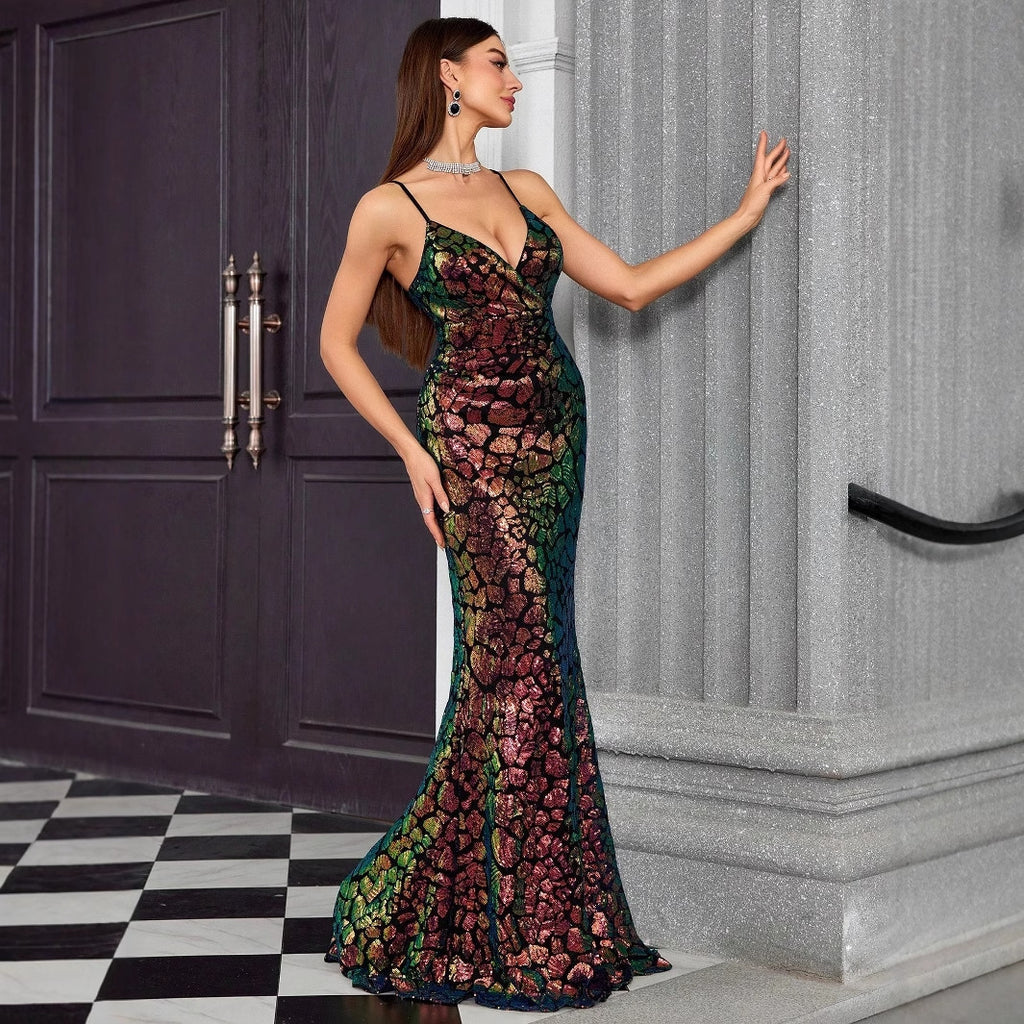 V neck Brace Evening Dress Fishtail Elegant Dress Annual Party Party Host Formal Dress Women