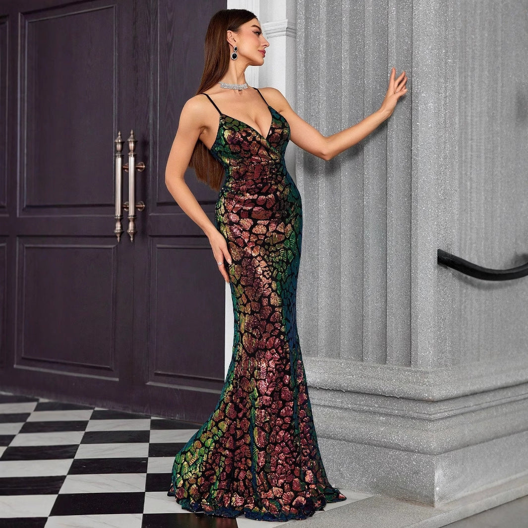 V neck Brace Evening Dress Fishtail Elegant Dress Annual Party Party Host Formal