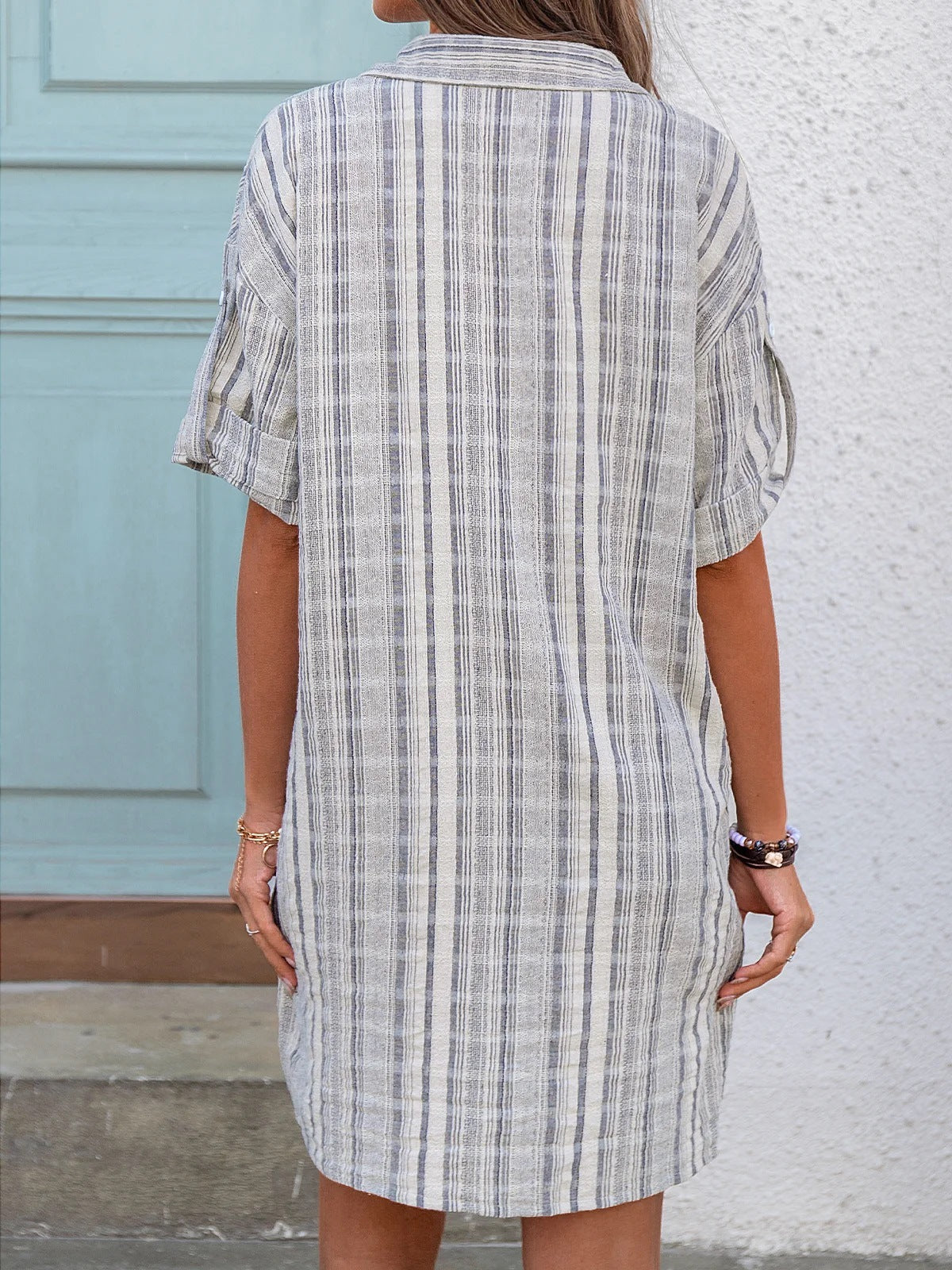 Hayden Linen Blend Striped Button Down Dress Off White Black