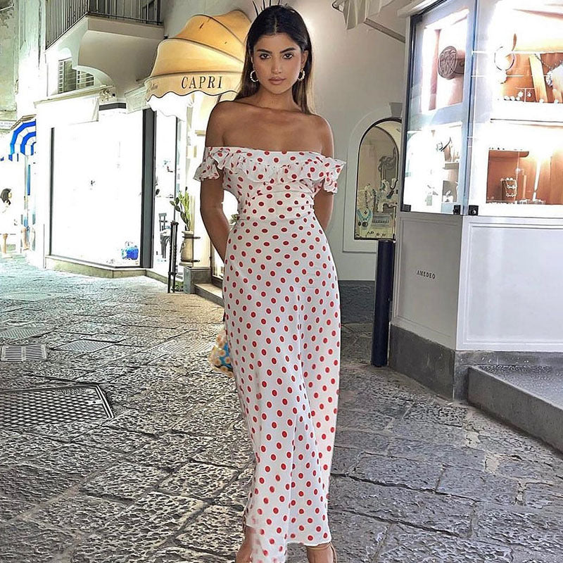 Polka Dot Printed A line Waist Trimming Ruffled Spaghetti Straps Dress