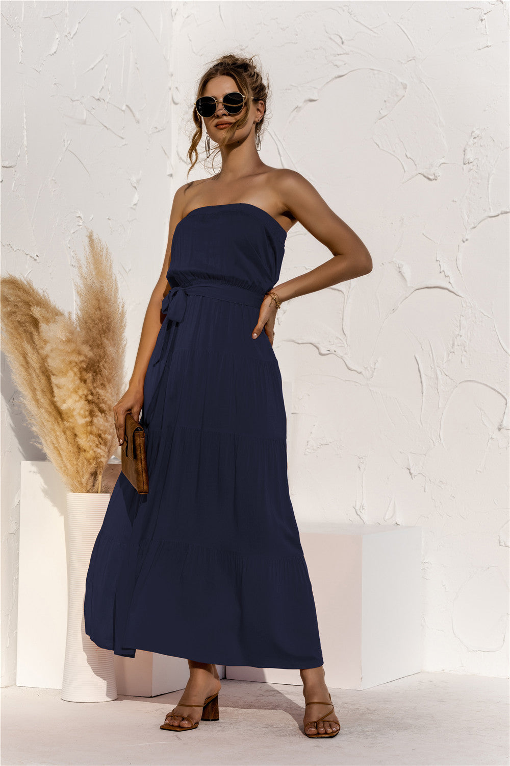 Free Falling Strapless Tiered Maxi Dress Deep Navy
