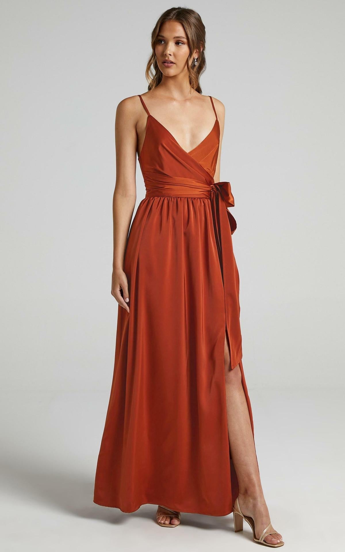 Limelight Satin High Low Maxi Dress Camel