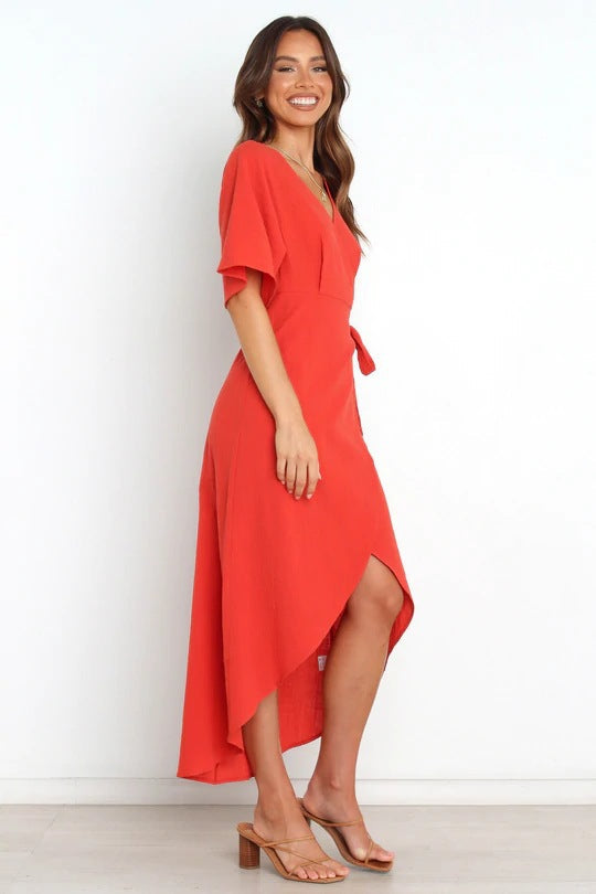 Santos Ruffle Wrap Midi Dress Rust